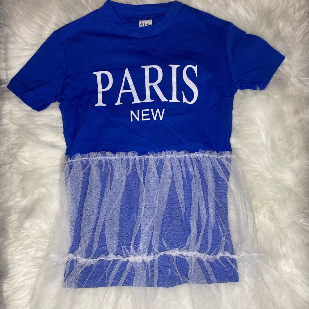 Blue t-shirt dress with white sequin attached. (Makes dress longer)